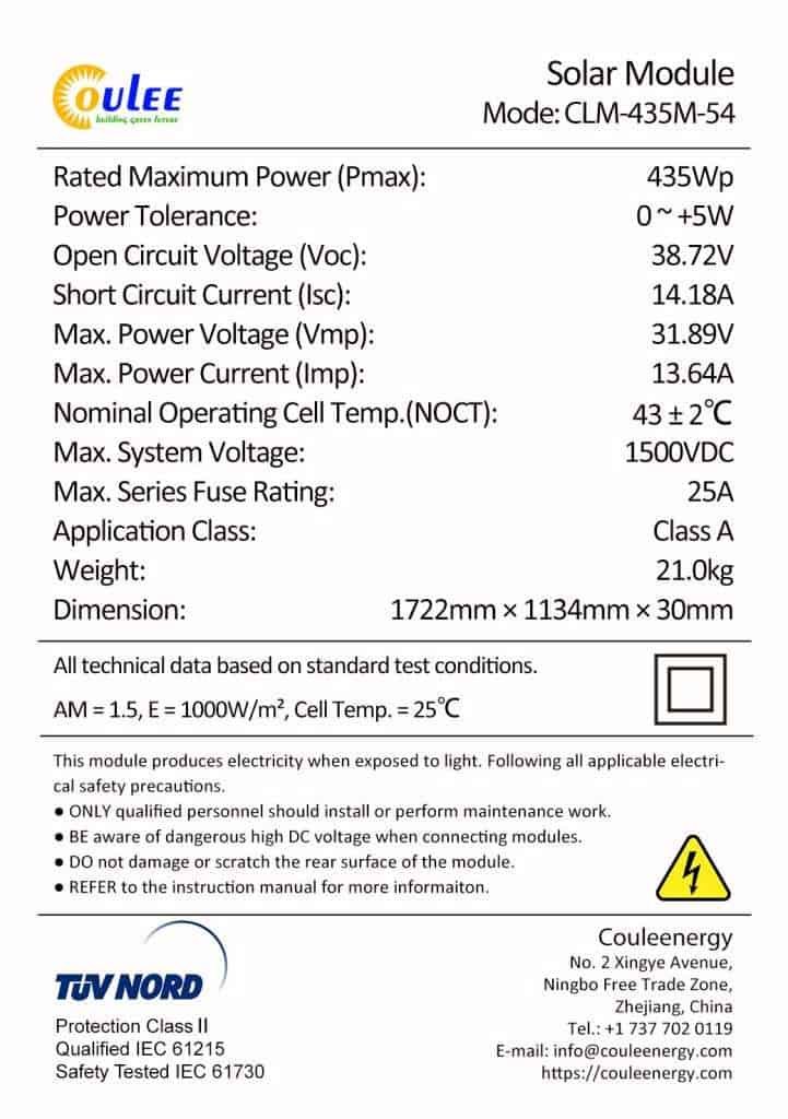 Panel solar monocristalino de 435 W, celda solar M10, CLM-435M-54