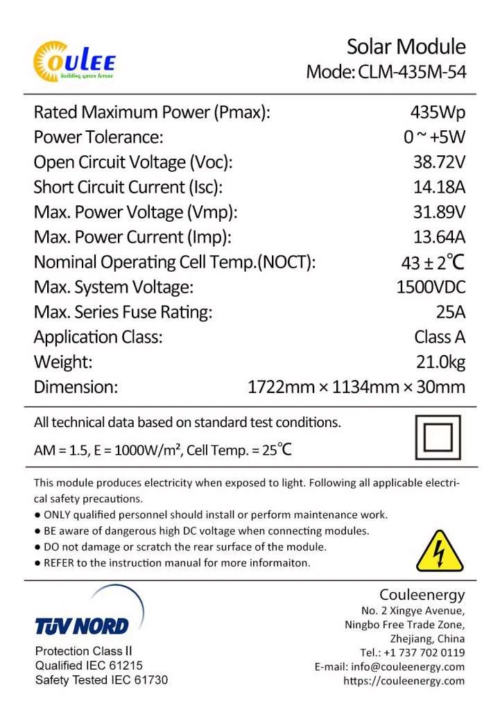 Panneau solaire monocristallin 435 W, cellule solaire M10, CLM-435M-54