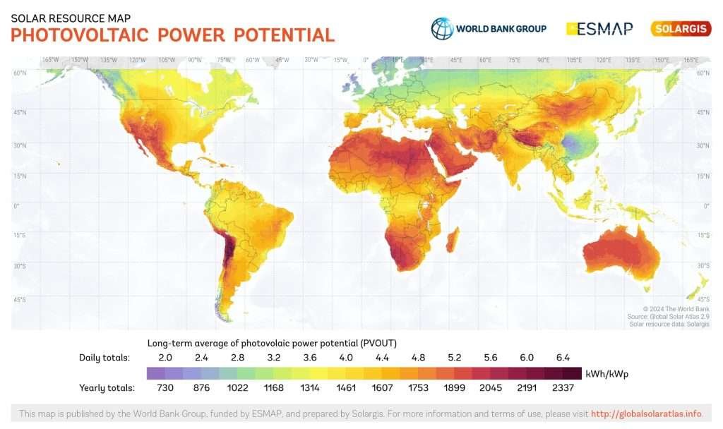 Globale Sonneneinstrahlungskarte mit der potenziellen Solarenergieproduktion in verschiedenen Regionen (Quelle: Global Solar Atlas)