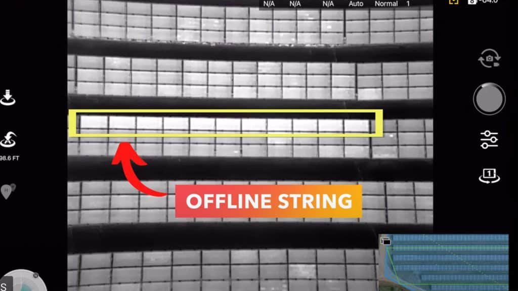 Drone-mounted EL imaging system inspecting a solar farm at dusk