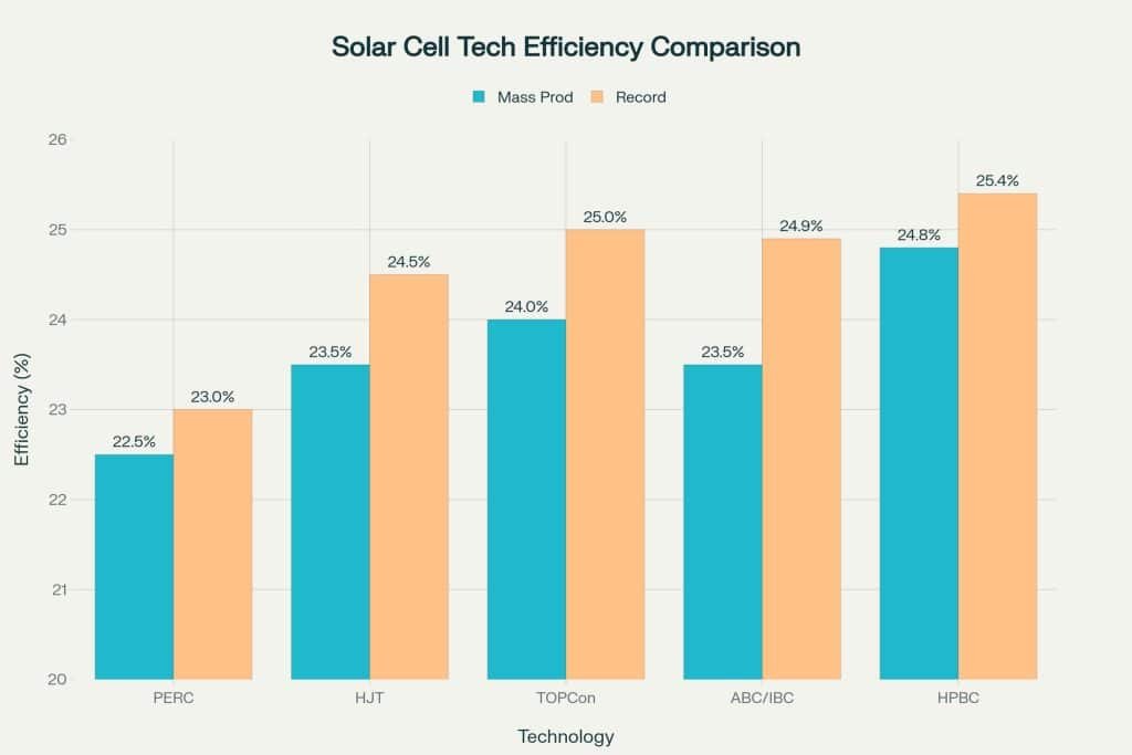 Efficiency Comparison of Solar Modules, Comparing PERC, TOPCon, HJT, PERC, HPBC & ABC
