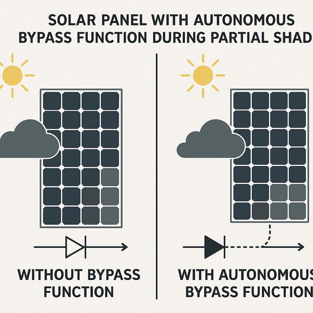 Technical diagram illustrating autonomous bypass function in solar modules during partial shading conditions