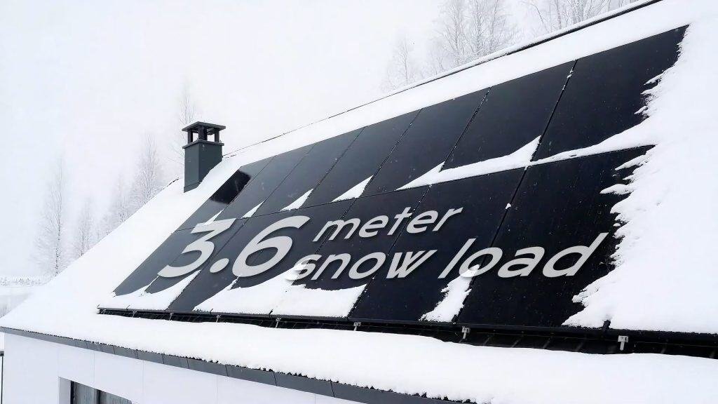 All Black BC Lightweight Solar Panels on Rooftop with Thick Snow
