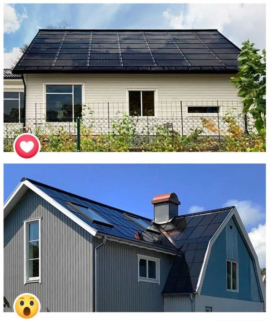 ألواح شمسية تقليدية على السطح مع ألواح شمسية حديثة باللون الأسود على الأسود